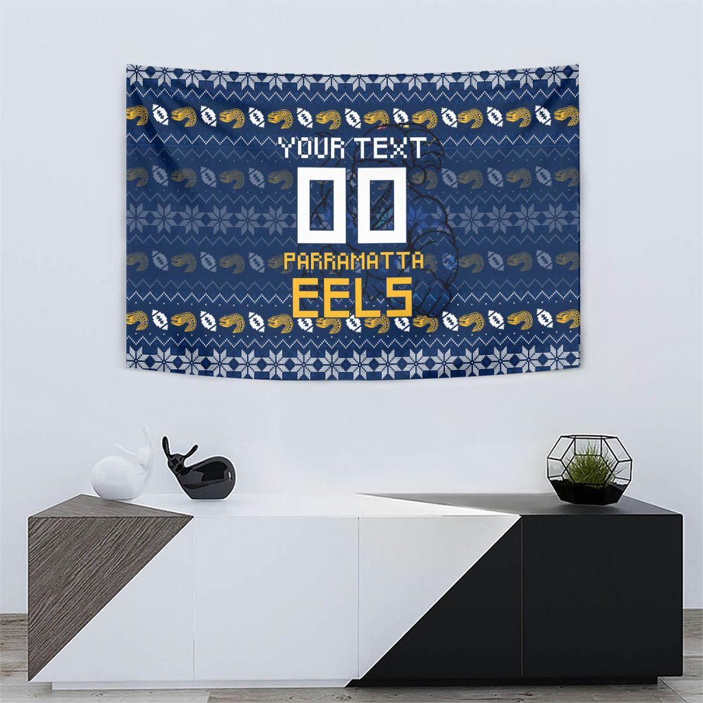 Personalized Parramatta Eels Christmas Tapestry Australian Rugby Fans - Pixelated Ugly Xmas Pattern Mascot Santa