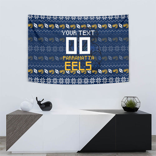 Personalized Parramatta Eels Christmas Tapestry Australian Rugby Fans - Pixelated Ugly Xmas Pattern Mascot Santa