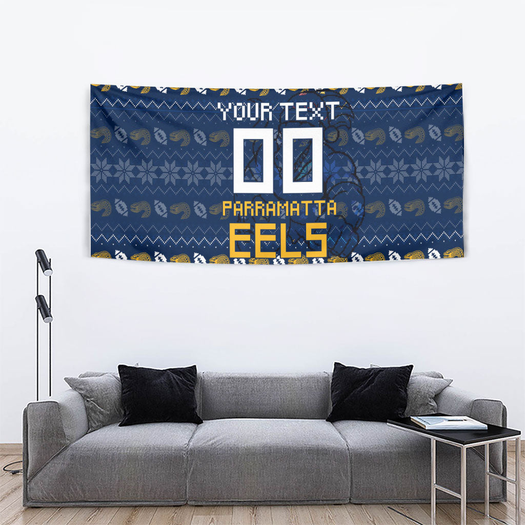 Personalized Parramatta Eels Christmas Tapestry Australian Rugby Fans - Pixelated Ugly Xmas Pattern Mascot Santa