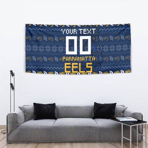 Personalized Parramatta Eels Christmas Tapestry Australian Rugby Fans - Pixelated Ugly Xmas Pattern Mascot Santa