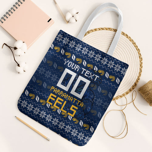 Personalized Parramatta Eels Christmas Tote Bag Australian Rugby Fans - Pixelated Ugly Xmas Pattern Mascot Santa