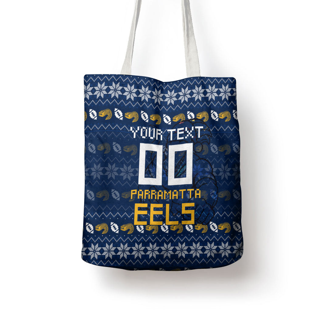 Personalized Parramatta Eels Christmas Tote Bag Australian Rugby Fans - Pixelated Ugly Xmas Pattern Mascot Santa
