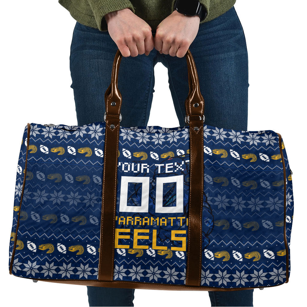 Personalized Parramatta Eels Christmas Travel Bag Australian Rugby Fans - Pixelated Ugly Xmas Pattern Mascot Santa