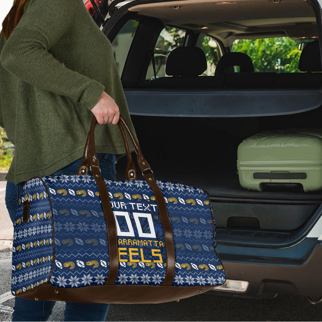 Personalized Parramatta Eels Christmas Travel Bag Australian Rugby Fans - Pixelated Ugly Xmas Pattern Mascot Santa