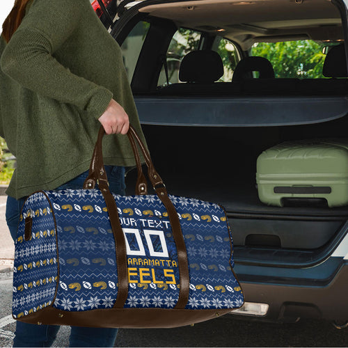 Personalized Parramatta Eels Christmas Travel Bag Australian Rugby Fans - Pixelated Ugly Xmas Pattern Mascot Santa