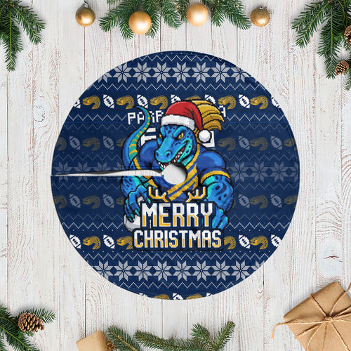 Parramatta Eels Christmas Tree Skirt Australian Rugby Fans - Pixelated Ugly Xmas Pattern Mascot Santa