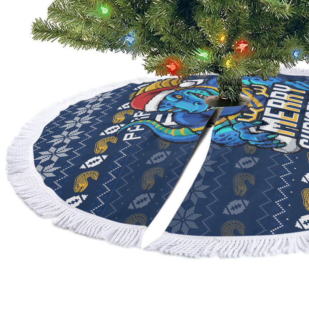 Parramatta Eels Christmas Tree Skirt Australian Rugby Fans - Pixelated Ugly Xmas Pattern Mascot Santa