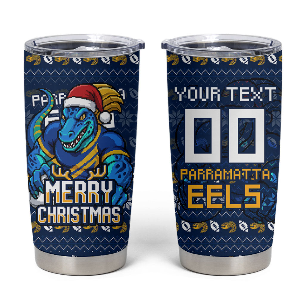 Personalized Parramatta Eels Christmas Tumbler Cup Australian Rugby Fans - Pixelated Ugly Xmas Pattern Mascot Santa