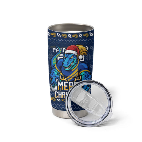 Personalized Parramatta Eels Christmas Tumbler Cup Australian Rugby Fans - Pixelated Ugly Xmas Pattern Mascot Santa