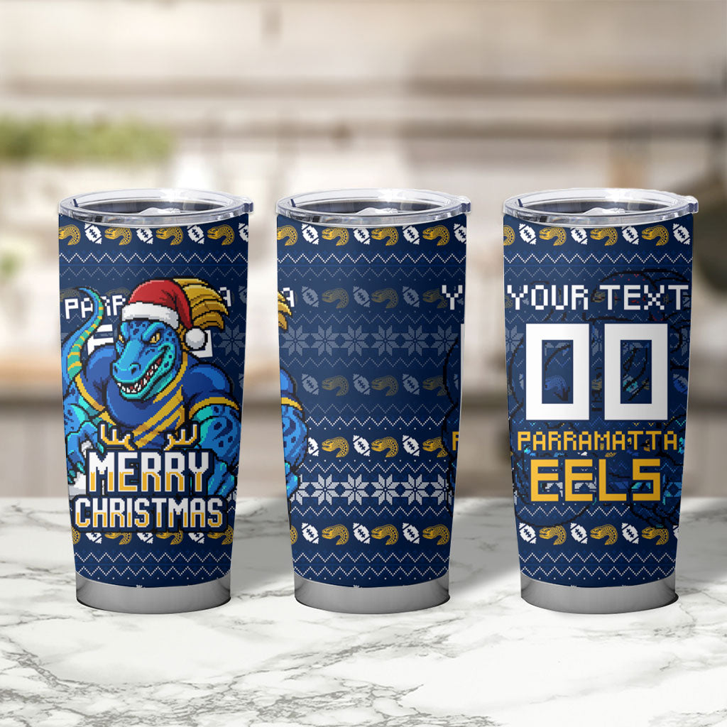Personalized Parramatta Eels Christmas Tumbler Cup Australian Rugby Fans - Pixelated Ugly Xmas Pattern Mascot Santa