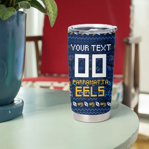 Personalized Parramatta Eels Christmas Tumbler Cup Australian Rugby Fans - Pixelated Ugly Xmas Pattern Mascot Santa