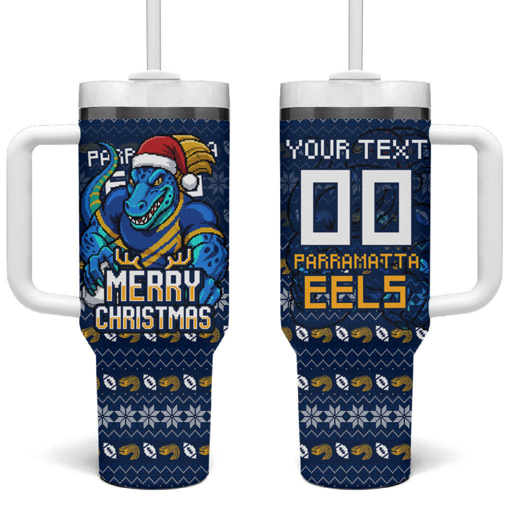 Personalized Parramatta Eels Christmas Tumbler With Handle Australian Rugby Fans - Pixelated Ugly Xmas Pattern Mascot Santa