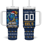 Personalized Parramatta Eels Christmas Tumbler With Handle Australian Rugby Fans - Pixelated Ugly Xmas Pattern Mascot Santa