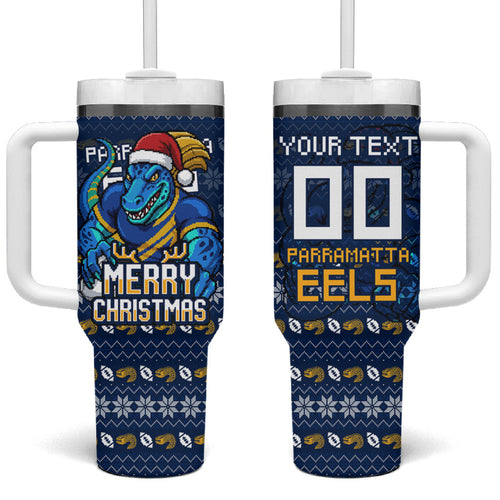 Personalized Parramatta Eels Christmas Tumbler With Handle Australian Rugby Fans - Pixelated Ugly Xmas Pattern Mascot Santa