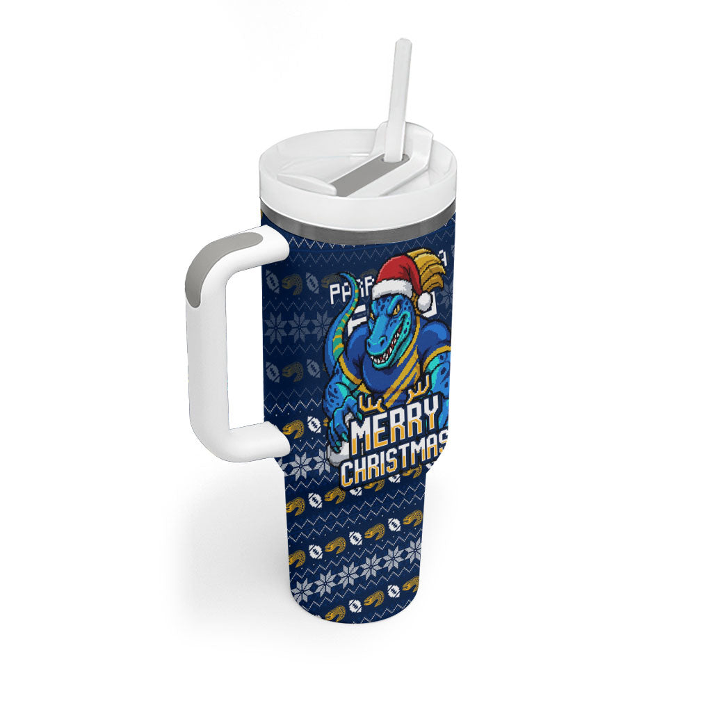 Personalized Parramatta Eels Christmas Tumbler With Handle Australian Rugby Fans - Pixelated Ugly Xmas Pattern Mascot Santa