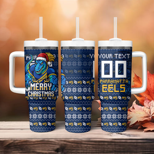 Personalized Parramatta Eels Christmas Tumbler With Handle Australian Rugby Fans - Pixelated Ugly Xmas Pattern Mascot Santa