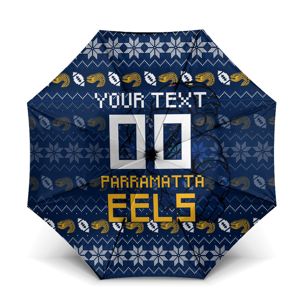 Personalized Parramatta Eels Christmas Umbrella Australian Rugby Fans - Pixelated Ugly Xmas Pattern Mascot Santa