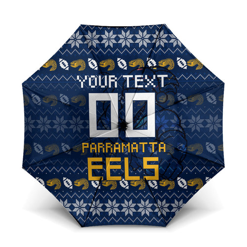 Personalized Parramatta Eels Christmas Umbrella Australian Rugby Fans - Pixelated Ugly Xmas Pattern Mascot Santa