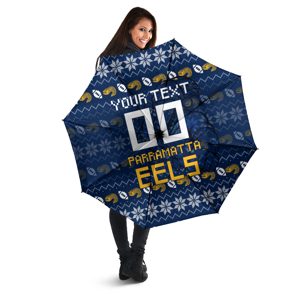 Personalized Parramatta Eels Christmas Umbrella Australian Rugby Fans - Pixelated Ugly Xmas Pattern Mascot Santa