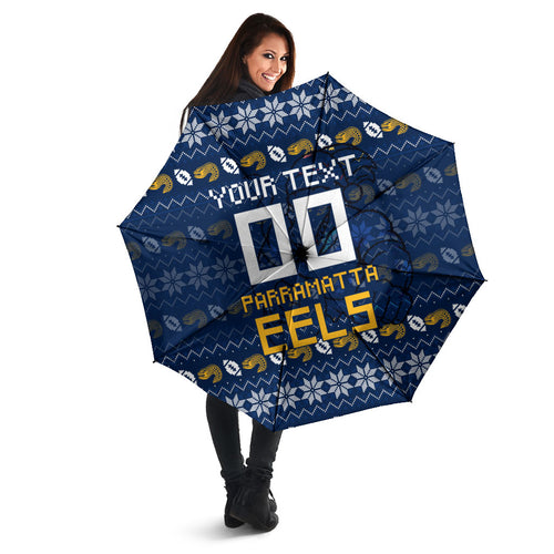 Personalized Parramatta Eels Christmas Umbrella Australian Rugby Fans - Pixelated Ugly Xmas Pattern Mascot Santa