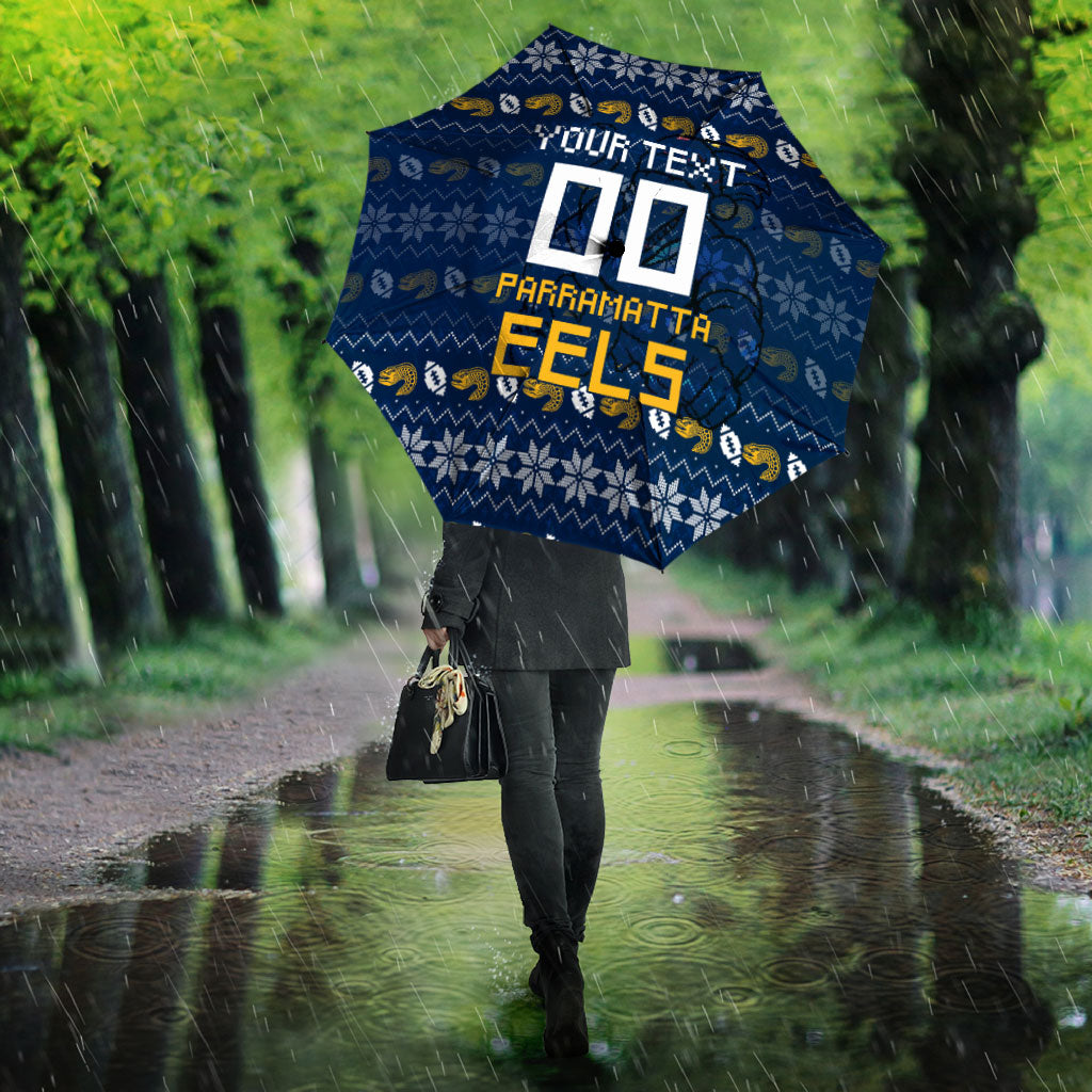 Personalized Parramatta Eels Christmas Umbrella Australian Rugby Fans - Pixelated Ugly Xmas Pattern Mascot Santa
