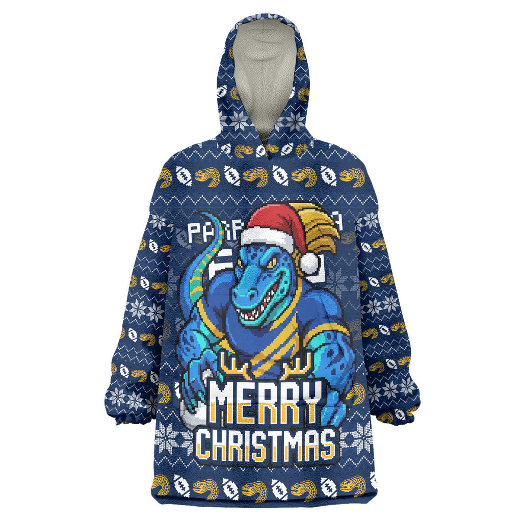 Personalized Parramatta Eels Christmas Wearable Blanket Hoodie Australian Rugby Fans - Pixelated Ugly Xmas Pattern Mascot Santa