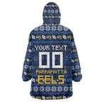 Personalized Parramatta Eels Christmas Wearable Blanket Hoodie Australian Rugby Fans - Pixelated Ugly Xmas Pattern Mascot Santa
