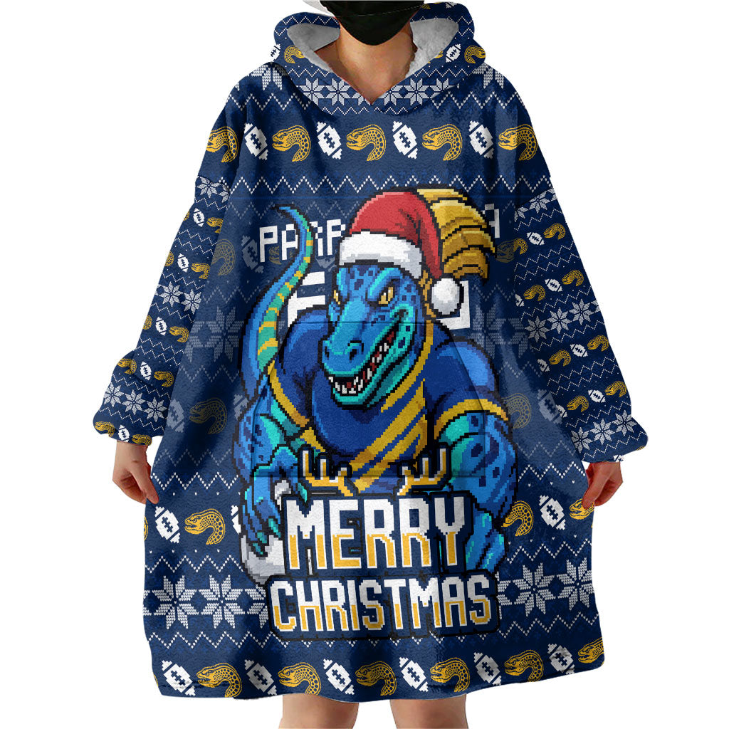 Personalized Parramatta Eels Christmas Wearable Blanket Hoodie Australian Rugby Fans - Pixelated Ugly Xmas Pattern Mascot Santa