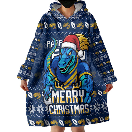 Personalized Parramatta Eels Christmas Wearable Blanket Hoodie Australian Rugby Fans - Pixelated Ugly Xmas Pattern Mascot Santa