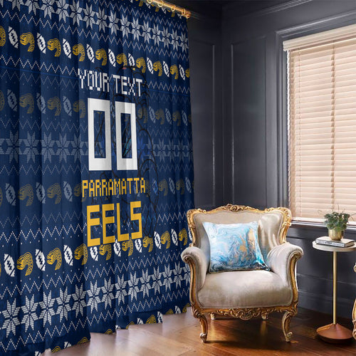 Personalized Parramatta Eels Christmas Window Curtain Australian Rugby Fans - Pixelated Ugly Xmas Pattern Mascot Santa