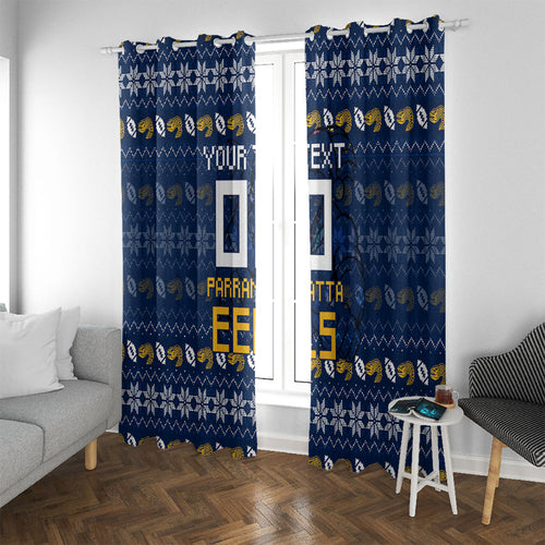 Personalized Parramatta Eels Christmas Window Curtain Australian Rugby Fans - Pixelated Ugly Xmas Pattern Mascot Santa