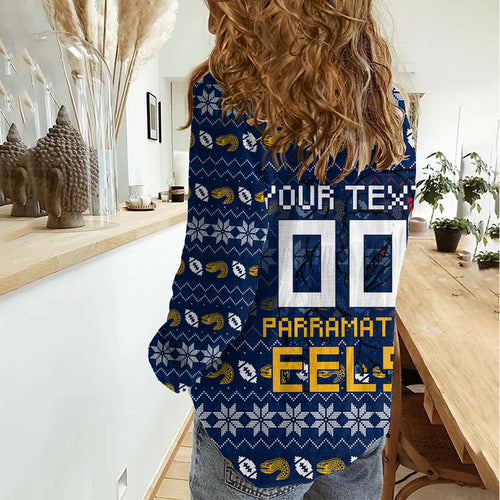 Personalized Parramatta Eels Christmas Women Casual Shirt Australian Rugby Fans - Pixelated Ugly Xmas Pattern Mascot Santa