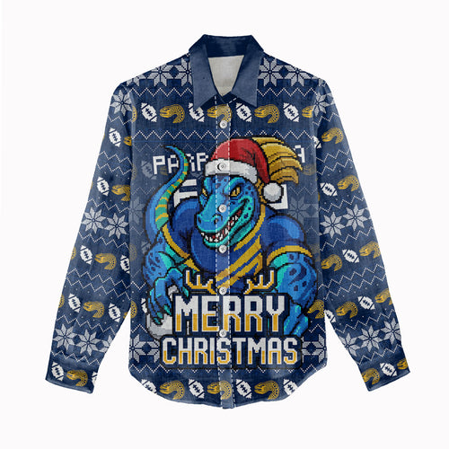 Personalized Parramatta Eels Christmas Women Casual Shirt Australian Rugby Fans - Pixelated Ugly Xmas Pattern Mascot Santa
