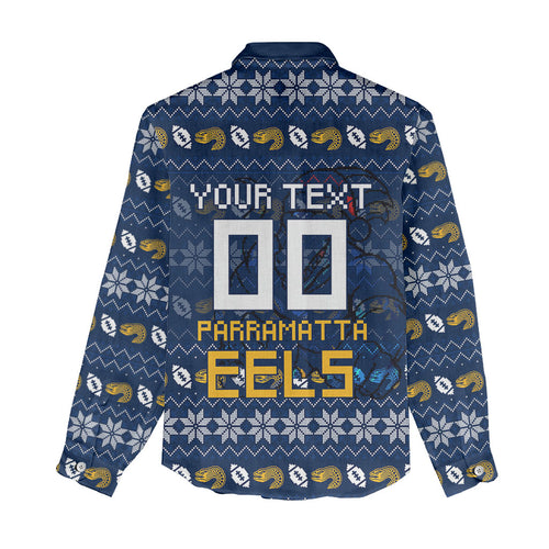 Personalized Parramatta Eels Christmas Women Casual Shirt Australian Rugby Fans - Pixelated Ugly Xmas Pattern Mascot Santa