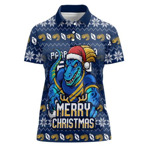 Personalized Parramatta Eels Christmas Women Polo Shirt Australian Rugby Fans - Pixelated Ugly Xmas Pattern Mascot Santa