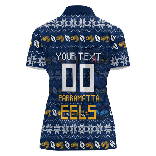 Personalized Parramatta Eels Christmas Women Polo Shirt Australian Rugby Fans - Pixelated Ugly Xmas Pattern Mascot Santa