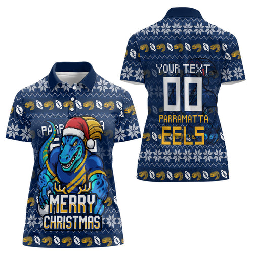 Personalized Parramatta Eels Christmas Women Polo Shirt Australian Rugby Fans - Pixelated Ugly Xmas Pattern Mascot Santa