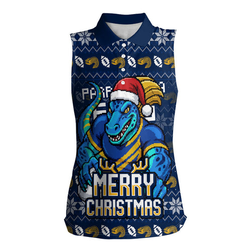 Personalized Parramatta Eels Christmas Women Sleeveless Polo Shirt Australian Rugby Fans - Pixelated Ugly Xmas Pattern Mascot Santa