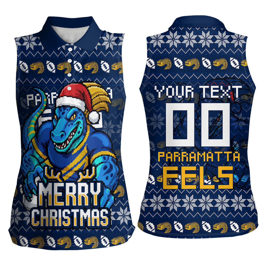 Personalized Parramatta Eels Christmas Women Sleeveless Polo Shirt Australian Rugby Fans - Pixelated Ugly Xmas Pattern Mascot Santa
