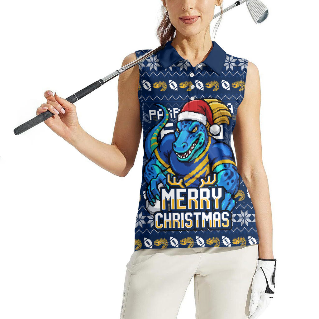 Personalized Parramatta Eels Christmas Women Sleeveless Polo Shirt Australian Rugby Fans - Pixelated Ugly Xmas Pattern Mascot Santa