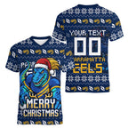 Personalized Parramatta Eels Christmas Women V-Neck T-Shirt Australian Rugby Fans - Pixelated Ugly Xmas Pattern Mascot Santa