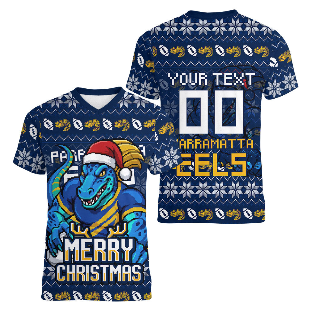 Personalized Parramatta Eels Christmas Women V-Neck T-Shirt Australian Rugby Fans - Pixelated Ugly Xmas Pattern Mascot Santa