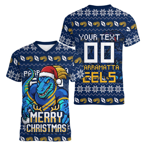 Personalized Parramatta Eels Christmas Women V-Neck T-Shirt Australian Rugby Fans - Pixelated Ugly Xmas Pattern Mascot Santa