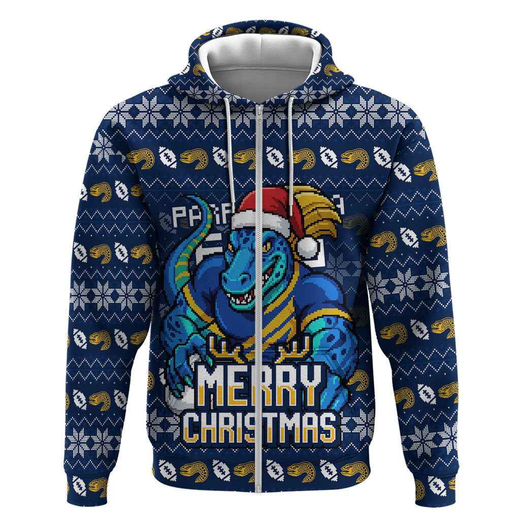 Personalized Parramatta Eels Christmas Zip Hoodie Australian Rugby Fans - Pixelated Ugly Xmas Pattern Mascot Santa