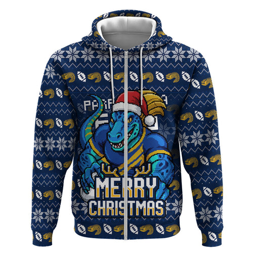Personalized Parramatta Eels Christmas Zip Hoodie Australian Rugby Fans - Pixelated Ugly Xmas Pattern Mascot Santa