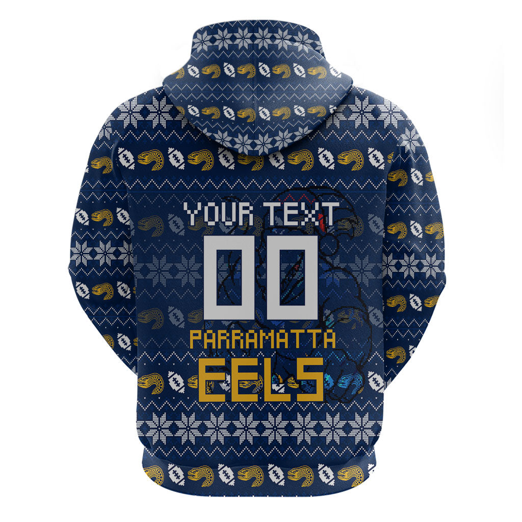 Personalized Parramatta Eels Christmas Zip Hoodie Australian Rugby Fans - Pixelated Ugly Xmas Pattern Mascot Santa
