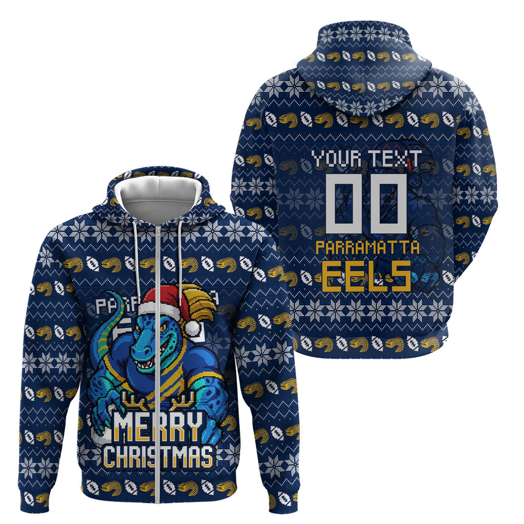 Personalized Parramatta Eels Christmas Zip Hoodie Australian Rugby Fans - Pixelated Ugly Xmas Pattern Mascot Santa