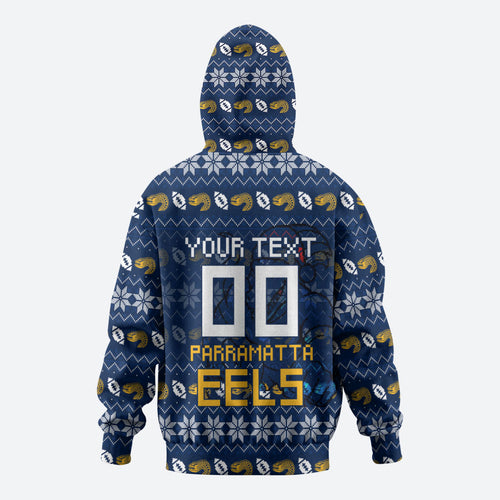 Personalized Parramatta Eels Christmas Zip Hoodie Australian Rugby Fans - Pixelated Ugly Xmas Pattern Mascot Santa