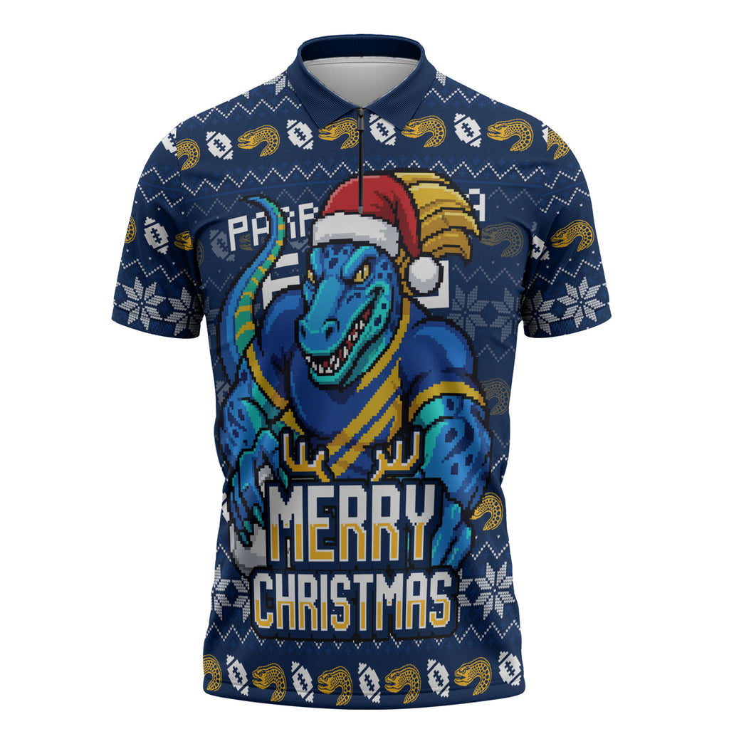 Personalized Parramatta Eels Christmas Zipper Polo Shirt Australian Rugby Fans - Pixelated Ugly Xmas Pattern Mascot Santa