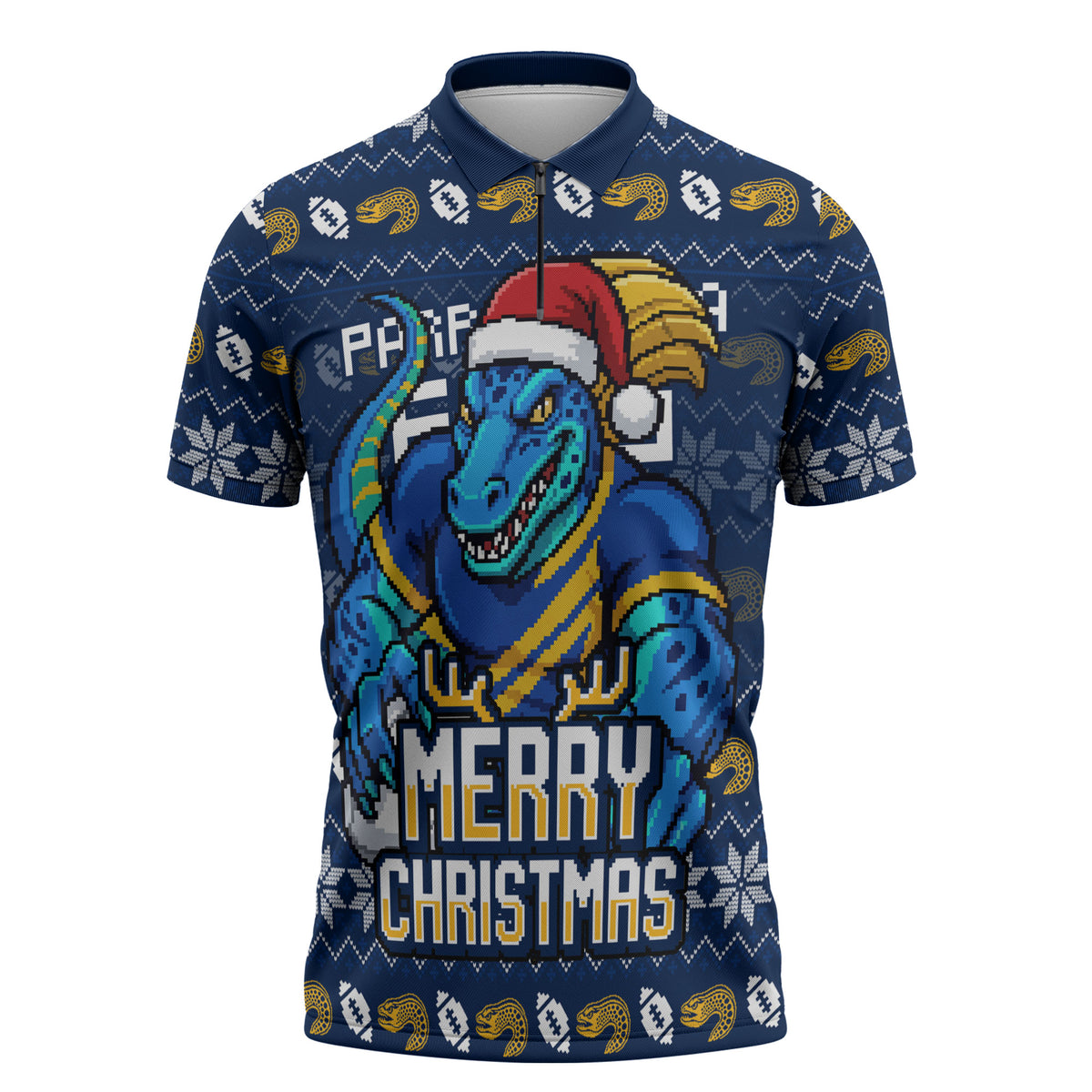 Personalized Parramatta Eels Christmas Zipper Polo Shirt Australian Rugby Fans - Pixelated Ugly Xmas Pattern Mascot Santa